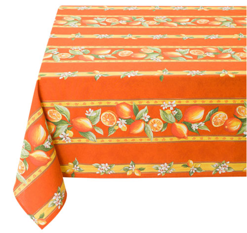 French tablecloth coated or cotton, linear Menton lemons orange